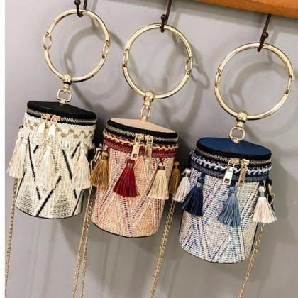 Women 2018 Woven Portable Cylinder Bag Chain..