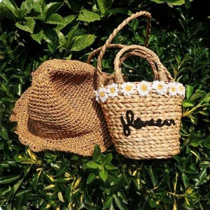 Embroidered Black Letters Beach Bag Straw Bag..