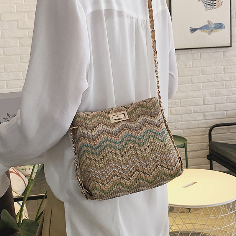 Straw Packet Women 2019 Woven Chain Bucket Bag Texture Shoulder Shoulder Messenger Bag