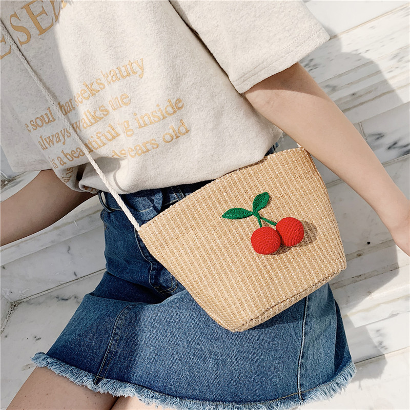 Cute Bag Girls Beach Bag Shoulder Shell Bag Mini Straw Bag Diagonal Bag Small Bag Cherry Ball Bag