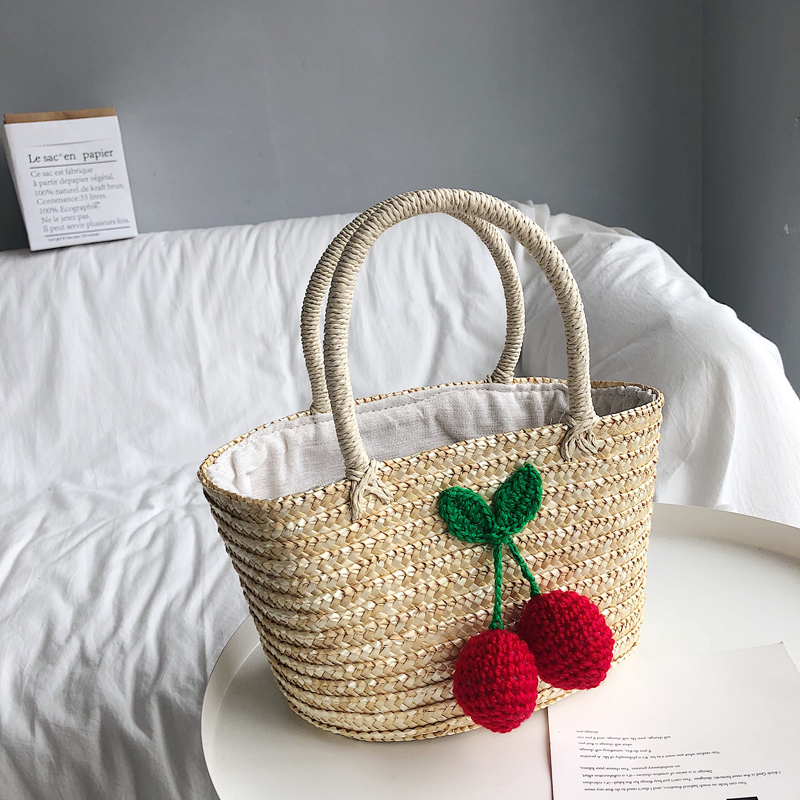 Portable Straw Bag Small And Lovely Cherry Wheat Straw Woven Bag Casual Portable Beach Bag Travel Holiday Handbag